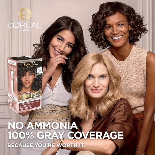 L’Oréal Paris Excellence Universal Nudes Permanent Hair Color, Ammonia Free Hair Dye For Gray Hair Coverage, 4N Natural Dark Brown, 1 Hair Dye Kit