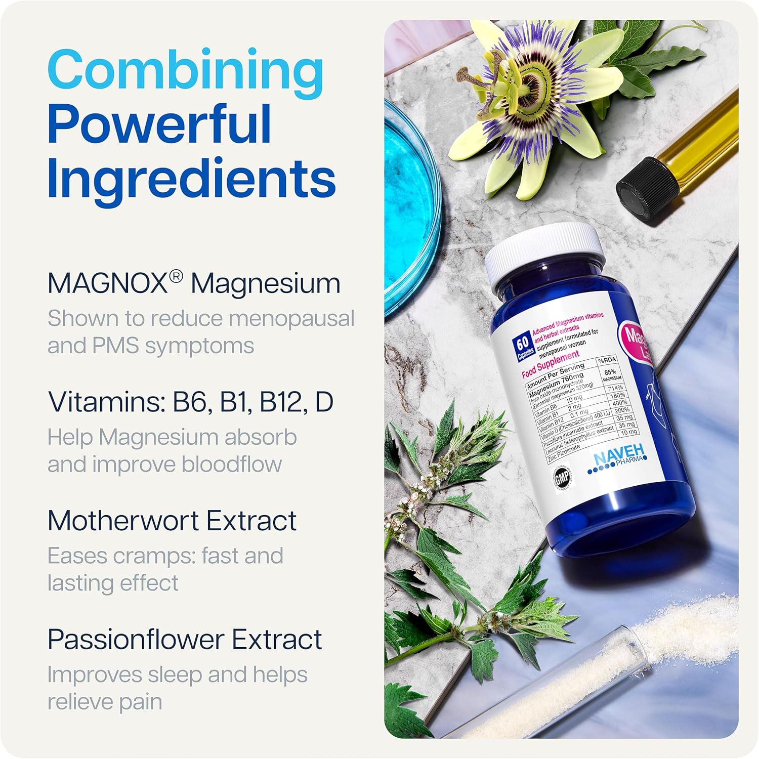 MAGNOX Lady Magnesium Supplement | Menopause and PMS Support Supplement for Women | Magnesium Complex with Vitamins B6, B1, B12, D, Zinc | High-Absorption Dead Sea Organic | 60 Capsules : Health & Household