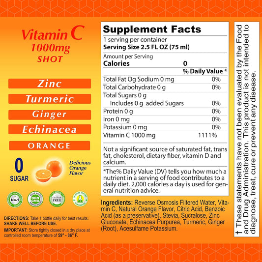 VITAMIN C Shot 1000MG - Immunity booster with Zinc, Turmeric, Ginger, & Echinacea - protect your Immunity - fight the common cold - Orange Flavor - 2.5 FL OZ per Bottle - 20 Pack