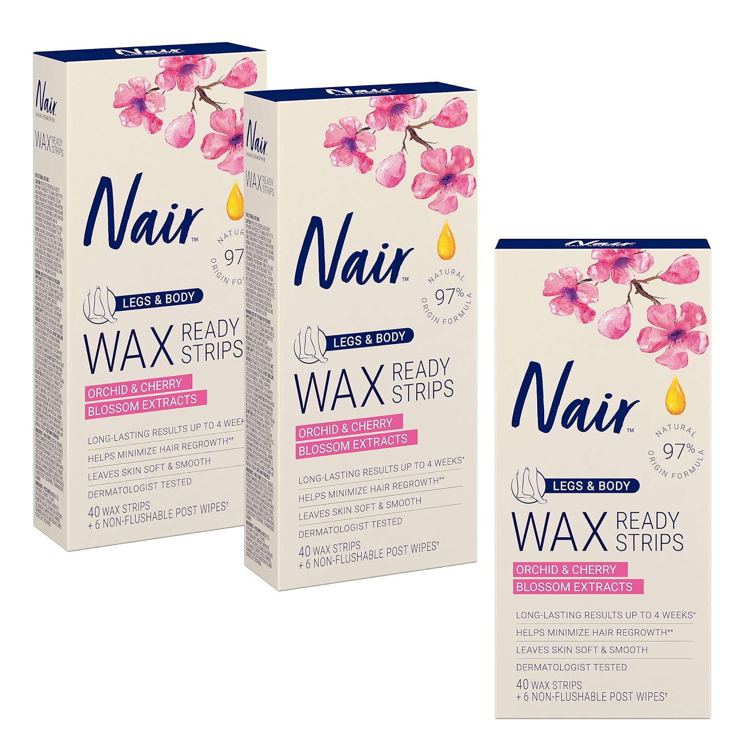 Nair Hair Remover Wax Ready Strips For Legs & Body, No Mess Waxing Kit For Hair Removal, 3-Pack Wax Strips, 40Ct Each Wax Kit