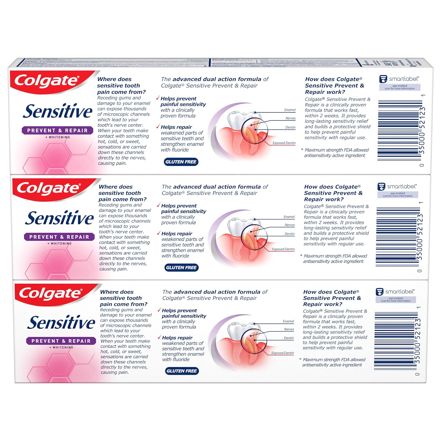 Colgate Sensitive Toothpaste with Whitening, Prevent and Repair, 6 Ounce, 3 Pack : Health & Household