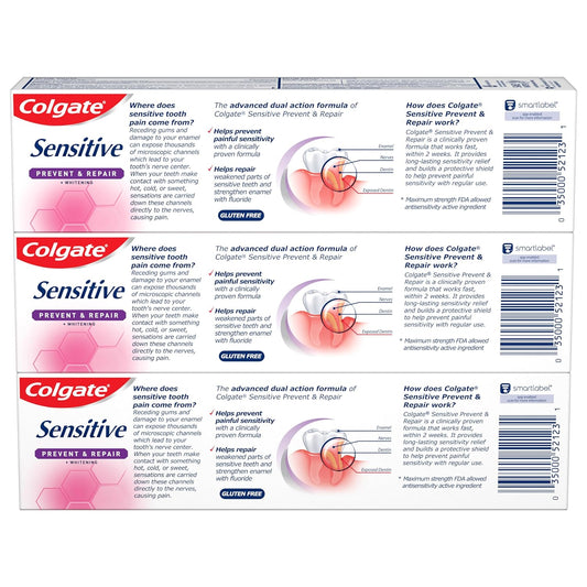 Colgate Sensitive Toothpaste with Whitening, Prevent and Repair, 6 Ounce, 3 Pack : Health & Household