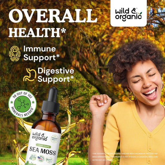 Wild & Organic Sea Moss Liquid Drops - Immune Support - Irish Sea Moss And Bladderwrack Tincture - Multimineral Chondrus Crispus Supplement - Vegan, Sugar & Alcohol-Free - 2 Fl Oz