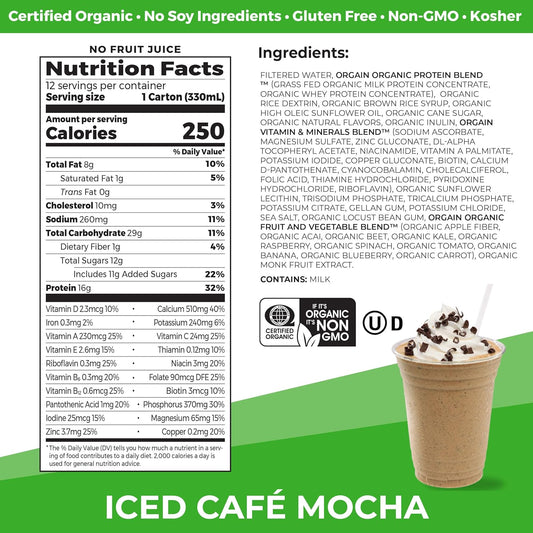 Orgain Organic Nutritional Protein Shake, Iced Café Mocha - 16G Grass Fed Whey Protein, Meal Replacement, 20 Vitamins & Minerals, Fruits & Vegetables, Gluten Free, Non-Gmo, 11 Fl Oz (12 Pack)