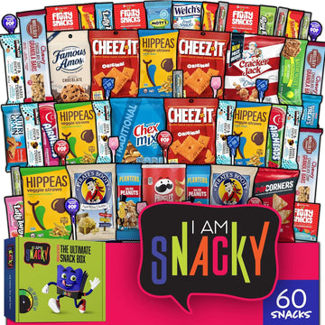 I Am Snacky - Back To School Gifts For Students Snack Box Care Package + Greeting Card - Snacky'S Social Sampler (60 Count) Birthday Sweet Treats Gift Basket, Candies Chips, Food Assortments & Variety