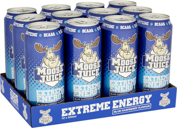 Moose Juice // Clean Energy + BCAA Drink // Only 15 kcal // 200mg Caffeine // Zero Sugar & Aspartame // Vitamins // Blue Raspberry Flavour // 12 x 500ml Cans (Tastes like Slush Puppy)