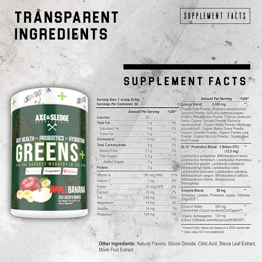 Axe & Sledge Supplements Greens+ Superfood Powder with Antioxidants, Probiotics, Digestive Enzymes, KSM-66 Ashwagandha, and Coconut Water Powder, Naturally Flavored & Sweetened, 30 Servings