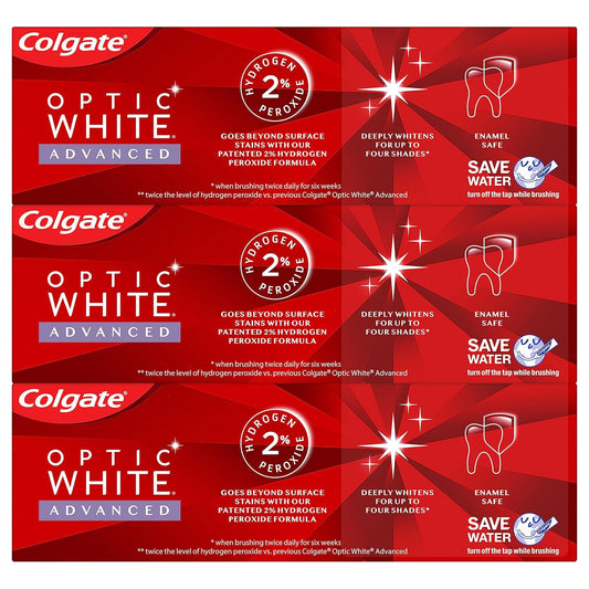 Colgate Optic White Advanced Teeth Whitening Toothpaste, Vibrant Clean, 3.2 Ounce Tube, 3 Pack