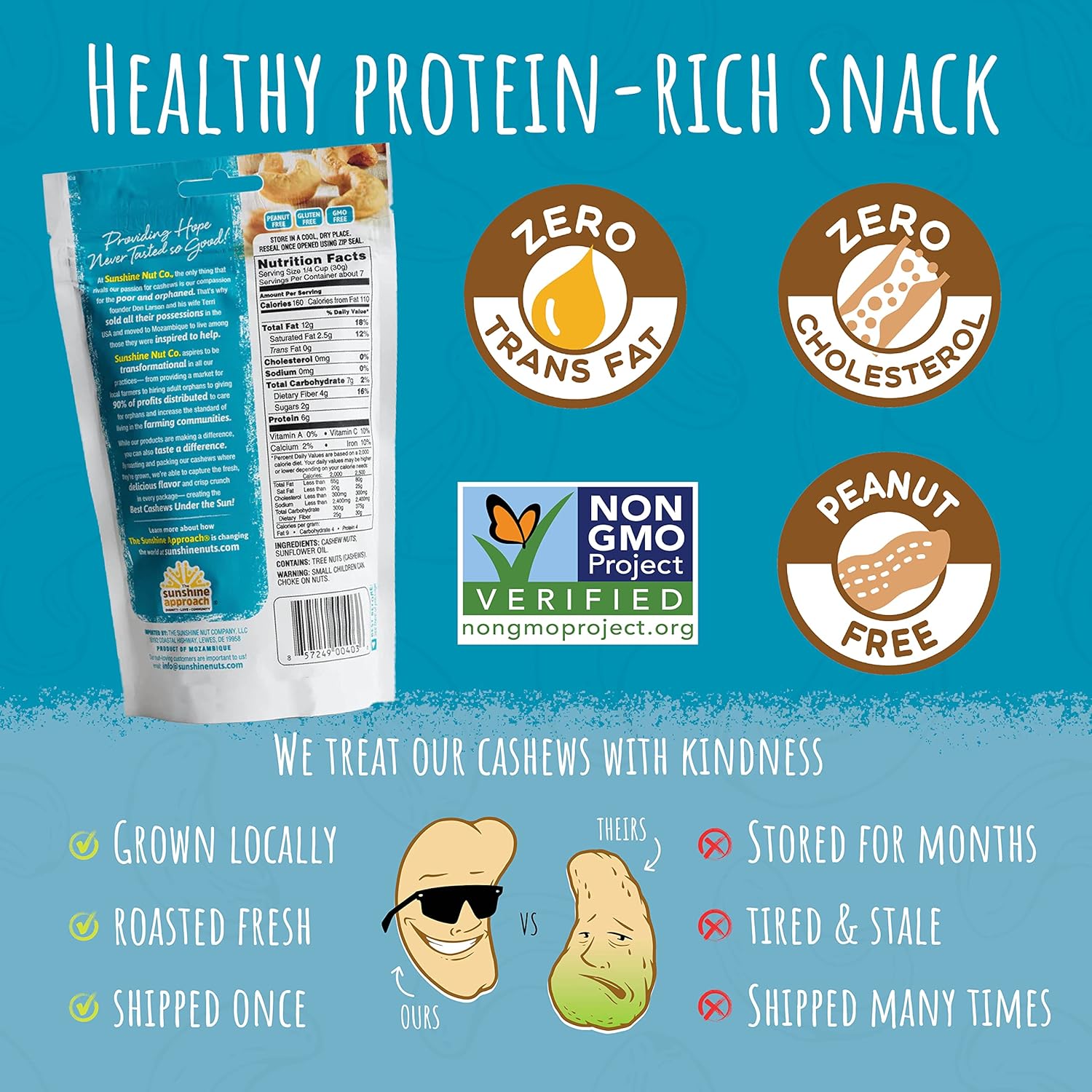 Sunshine Nut Company Whole Roasted Cashews, Perfectly Plain Flavor, No Added Salt, 2 Pack, 7 Oz. Each, Gluten Free, Peanut Free And Vegan Individual Snack Packs For Kids And Adults, Gmo Free : Grocery & Gourmet Food