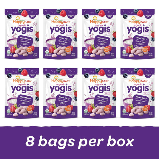 Happy Baby Organics Baby Snacks, Yogis, Freeze Dried Yogurt & Fruit Snacks, Gluten Free Snack For Babies 9+ Months, Mixed Berry, 1 Ounce (Pack Of 8)