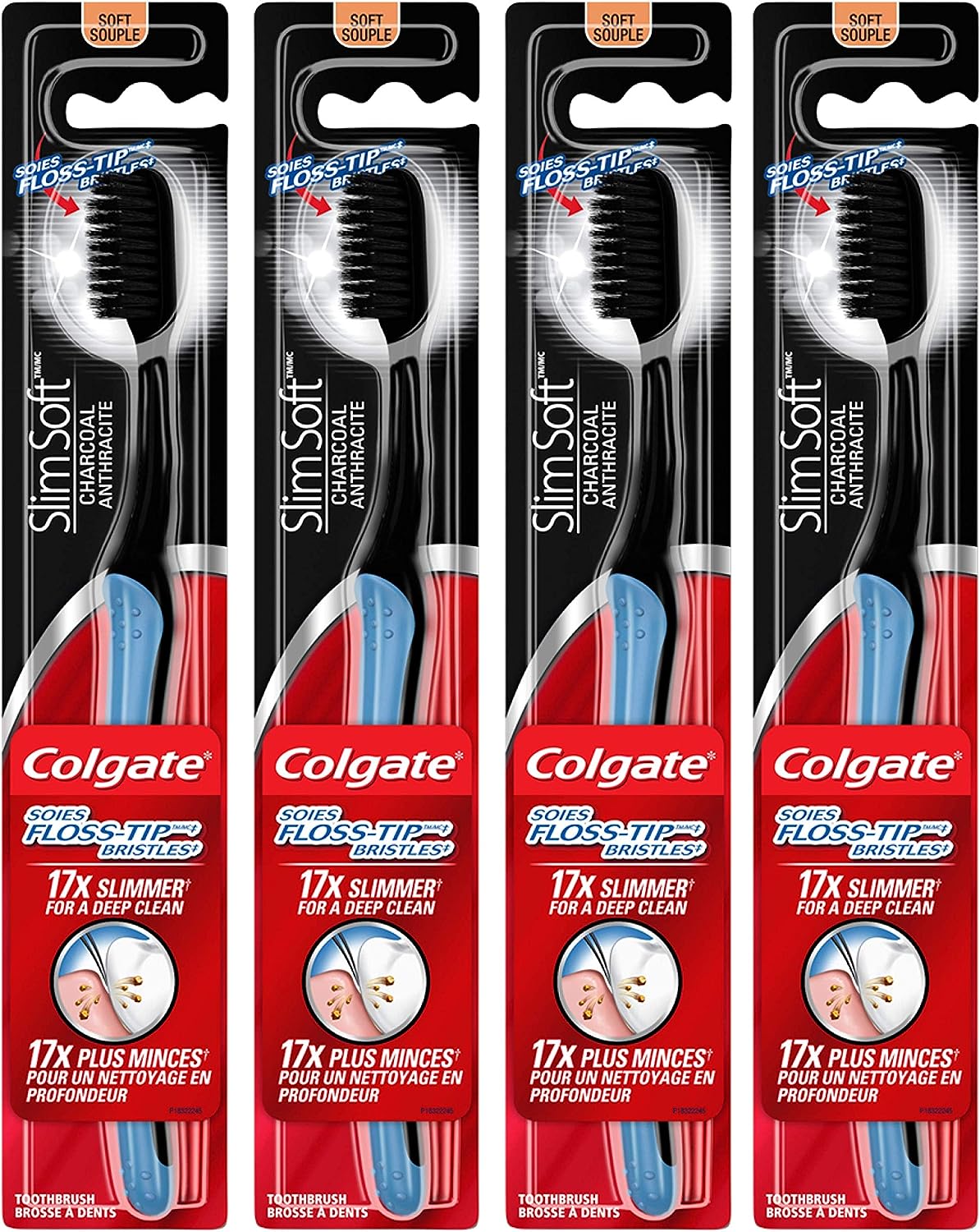 Colgate Slimsoft Floss-Tip Charcoal Toothbrush, Soft (4 Count)