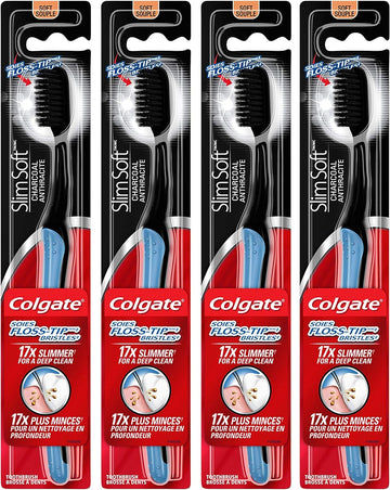 Colgate Slimsoft Floss-Tip Charcoal Toothbrush, Soft (4 Count)