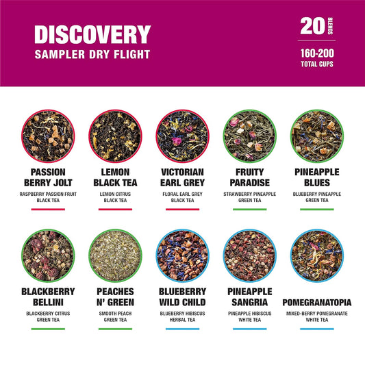 Tiesta Tea - Discovery Tea Sampler Dry Flight Set | High To No Caffeine Hot & Iced Tea, Up To 200 Cups | Loose Leaf Tea Variety Pack With Green, Herbal, Black & Chai Tea - 20 Resealable Sample Pouches