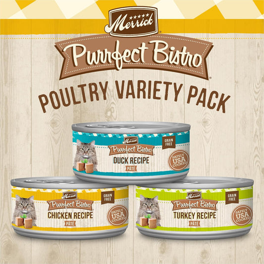 Merrick Purrfect Bistro Grain Free Premium Canned Pate Adult Wet Cat Food, Variety Pack, Chicken, Duck, Turkey - (Pack Of 12) 5.5 Oz. Cans