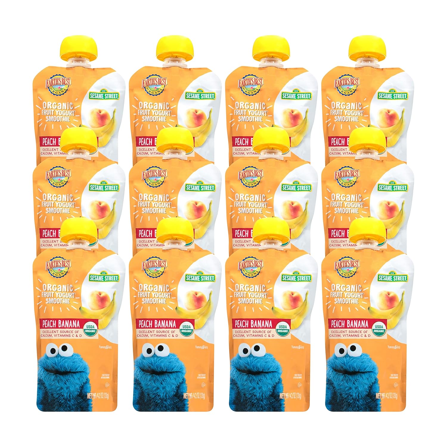 Earth'S Best Organic Kids Snacks, Sesame Street Toddler Snacks, Organic Fruit Yogurt Smoothie For Toddlers 2 Years And Older, Peach Banana, 4.2 Oz Resealable Pouch (Pack Of 12)