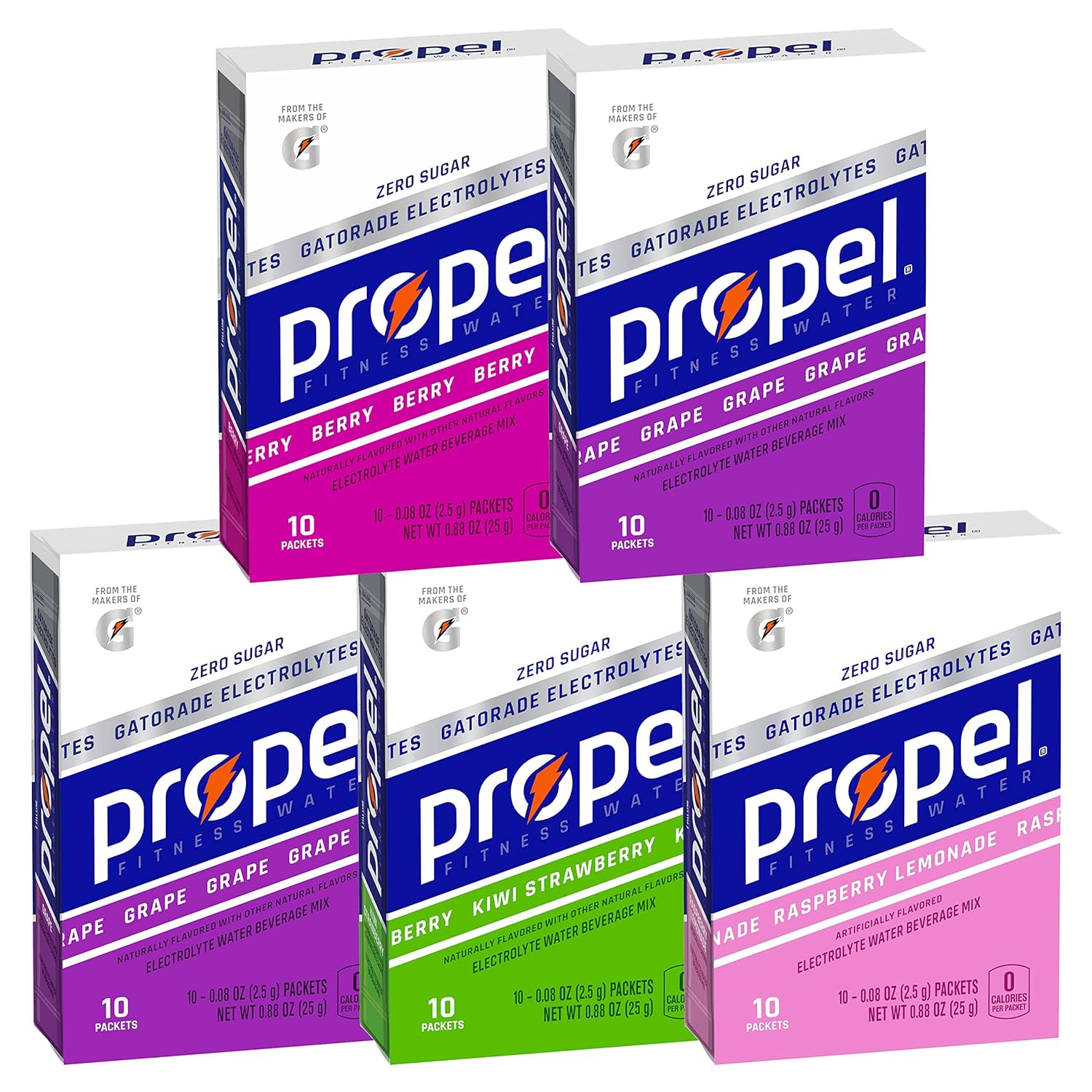 Propel Powder Packets 4 Flavor Variety Pack With Electrolytes, Vitamins And No Sugar 10 Count (Pack Of 5) (Packaging May Vary)