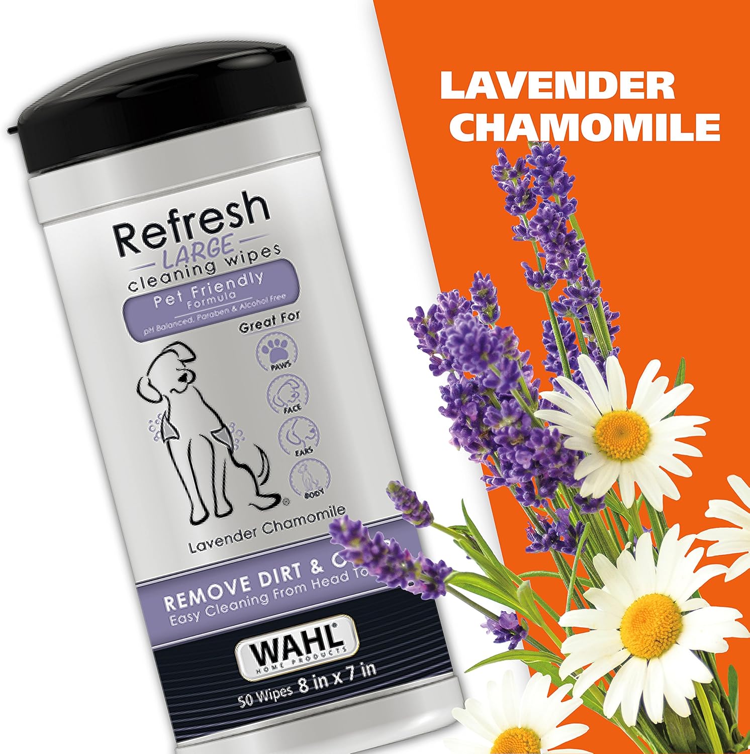 Wahl USA Pet Refresh Lavender Cleaning Wipes for All Dog Breeds - Use on Ears, Nose, Paws, Bottom, & Sensitive Areas - 50 Wipes - 820018A