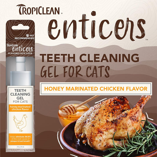 TropiClean Enticers Teeth Cleaning Gel for Cats - Honey Marinated Chicken Flavor, 2oz - Dental Gel - Helps Remove The Source of Bad Breath and Plaque- Flavor Cats Love - No BrushingENCKGLKT2Z-CT