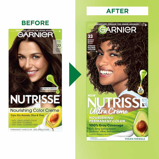 Garnier Hair Color Nutrisse Nourishing Creme, 33 Darkest Golden Brown (Caramel Fudge) Permanent Hair Dye, 1 Count (Packaging May Vary)