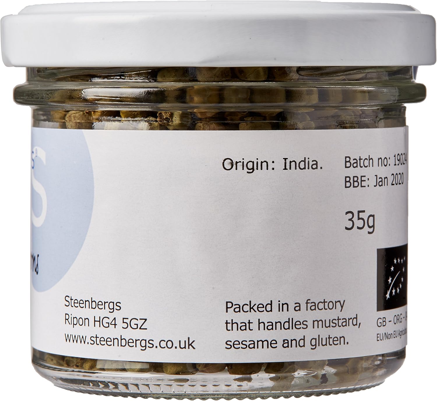Steenbergs Organic Green Peppercorns Standard Jar - 25G (Dried)