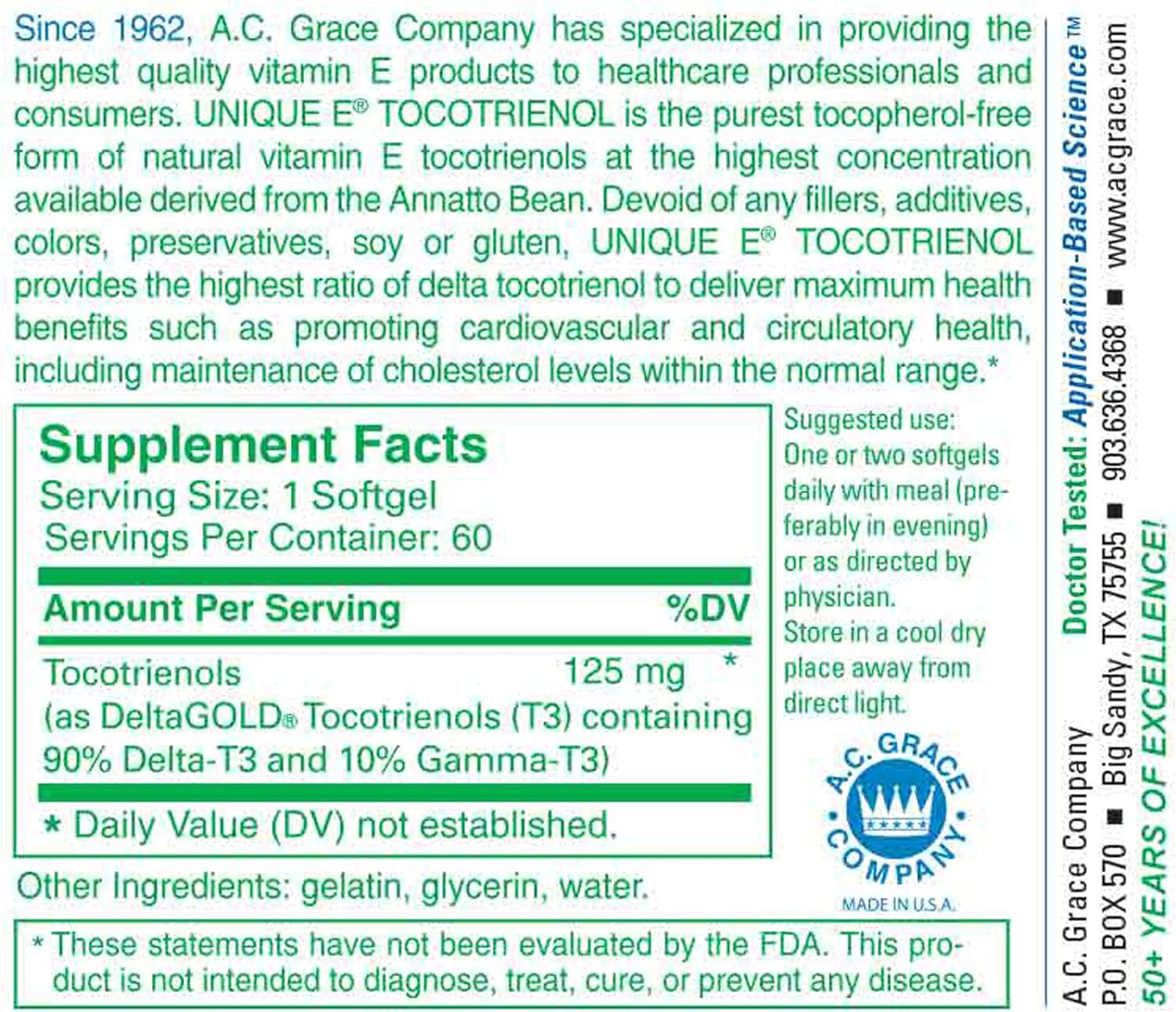 A C Grace Unique E Tocotrienols 125mg 90 Softgels : Health & Household