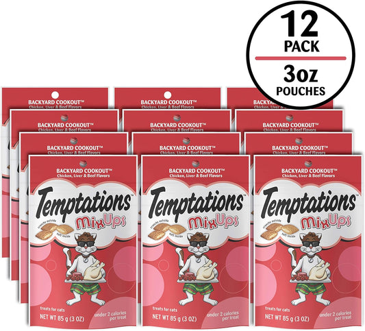 TEMPTATIONS MIXUPS Crunchy and Soft Cat Treats Backyard Cookout Flavor, (12) 3 oz. Pouches