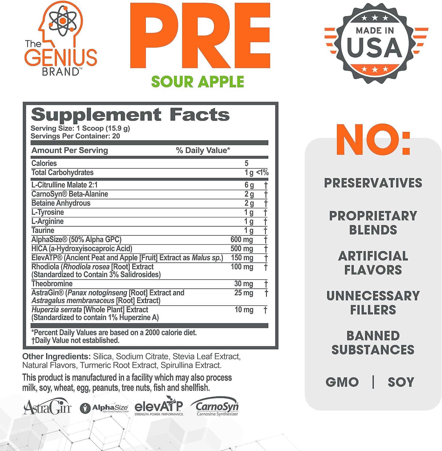 Genius Pre Workout Powder, Sour Apple - All-Natural Nootropic Pre-Work