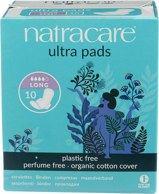 Natracare Slim Fitting Ultra Pads with Wings, Long, Made with Certified Organic Cotton, Ecologically Certified Cellulose Pulp and Plant Starch (1 Pack, 10 Pads Total)