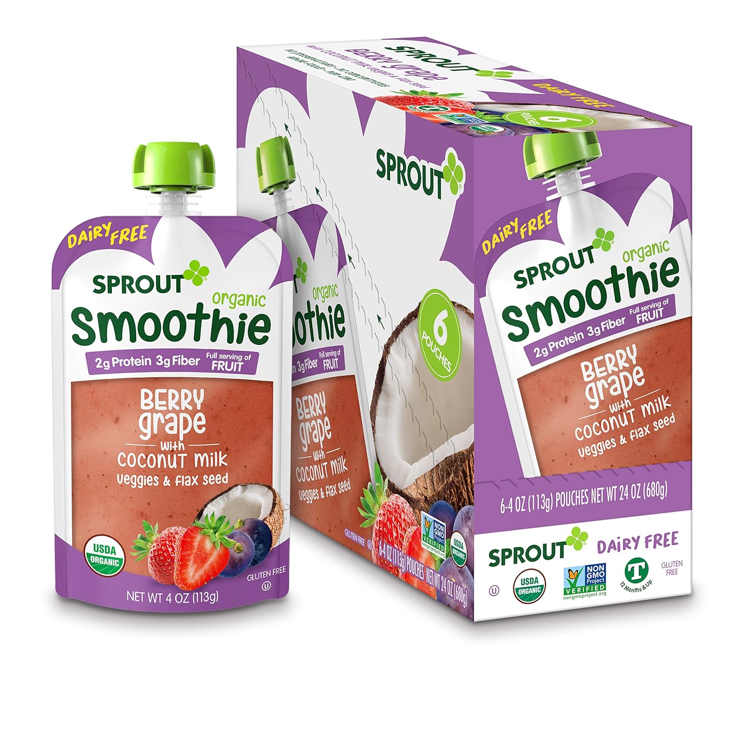 Sprout Organic Toddler Smoothie, Dairy Free Berry Grape, 4 Ounce Pouch (Pack Of 6)