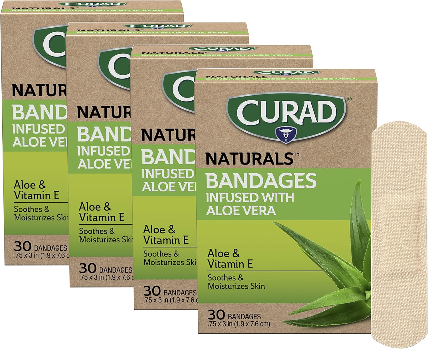 Curad Naturals Aloe Vera & Vitamin E Bandages 0.75" X 3", Individually Wrapped Sterile Bandage, First Aid Kit Essential, Protects Scrapes And Cuts, Absorbent And Self-Adhesive, 30-Count - 4 Boxes