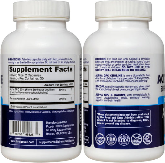 Acetylcholine, Alpha Gpc Choline 600Mg + Bacopa, Better Than Each Alone. More Reliable Acetylcholine (Supports Memory & Learning) Supplement, 60 Capsules