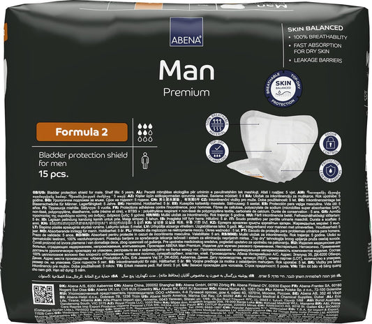 Abena Man Formula 2 Incontinence Pads for Men, Eco-Labelled Mens Incontinence Pads, Extra Protection, Breathable & Comfortable with Fast Absorption, Discreet - 700ml Absorbency, 15PK