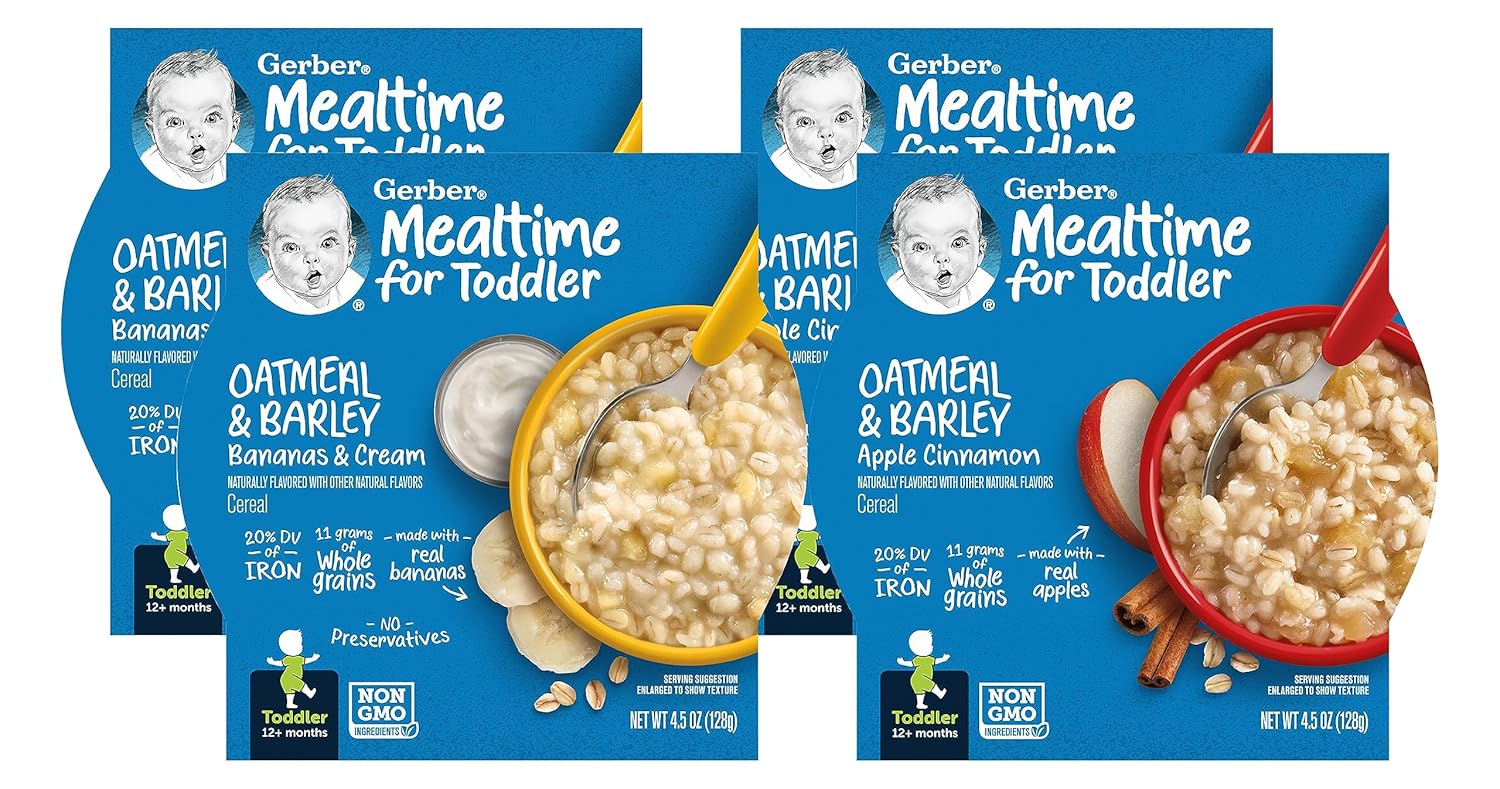 Gerber Mealtime For Toddler Meal Bowl Variety Pack, 2 Oatmeal & Barley With Bananas & Cream, 2 Oatmeal & Barley With Apple Cinnamon, 4.5 Ounce Trays (Pack Of 4)