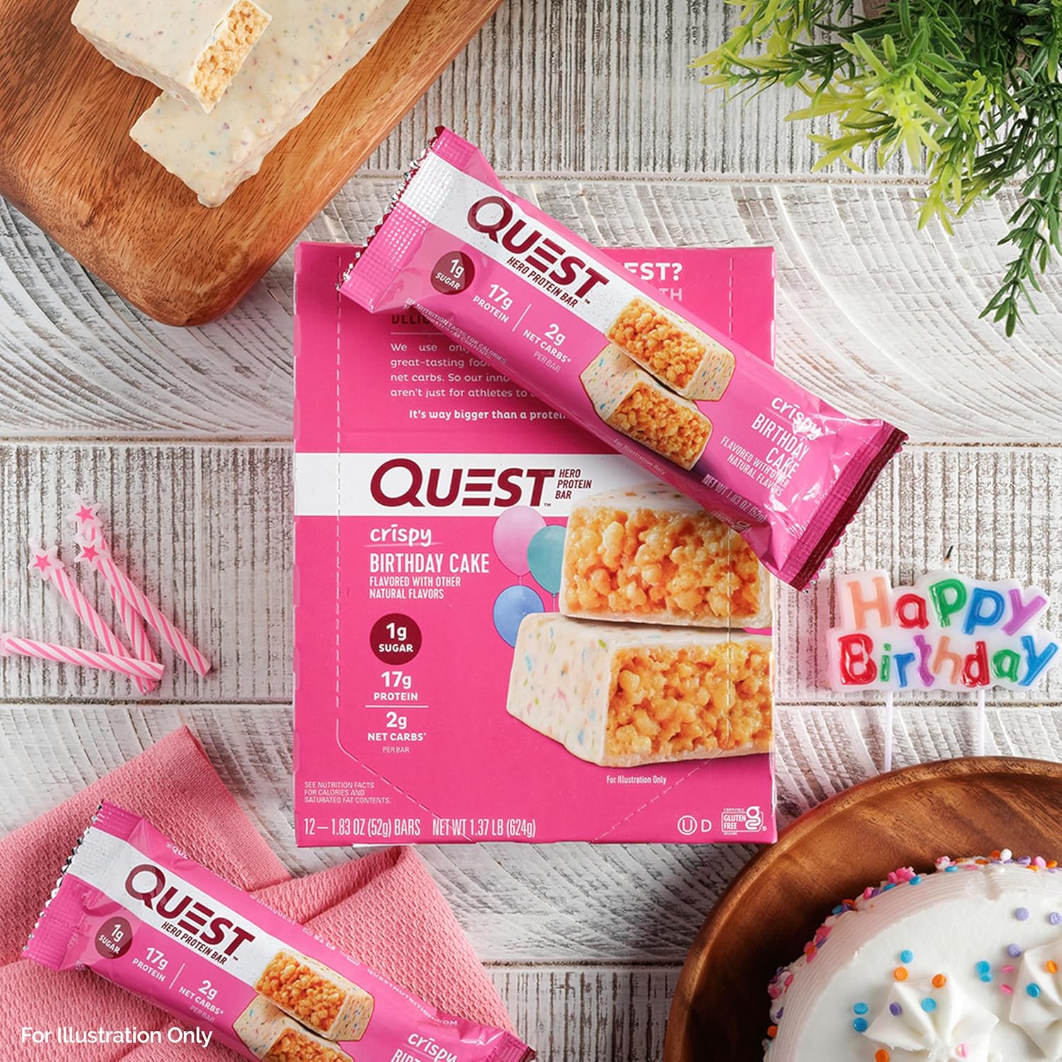 Quest Nutrition Crispy Birthday Cake Hero Protein Bar, 17g Protein, 1g Sugar, 2g Net Carbs, Gluten Free Protein Snack, Keto Friendly, 12 Count : Health & Household