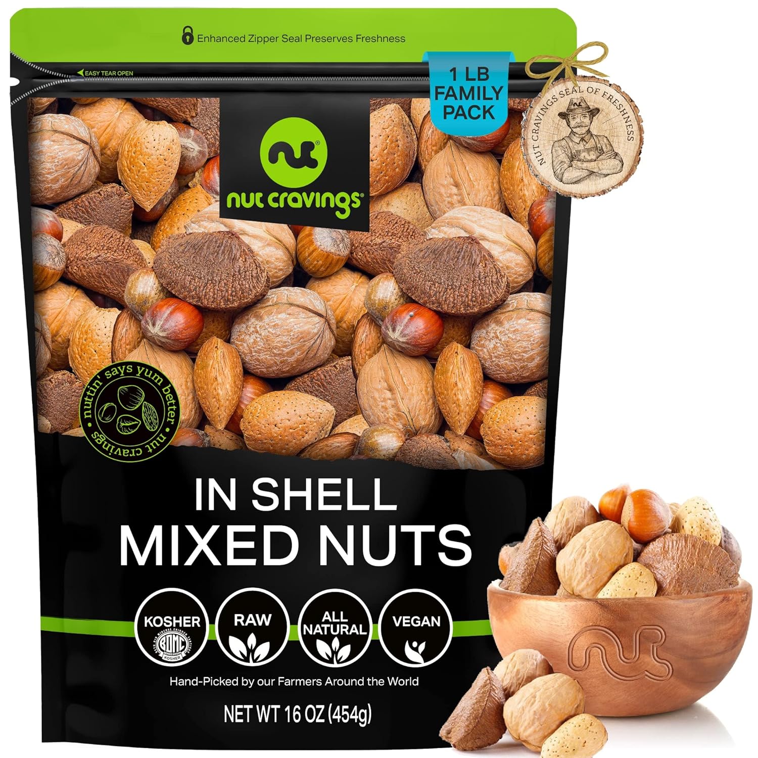 Nut Cravings - Mixed Nuts (In Shell) Brazil, Walnuts, Filberts, Almonds, Pecans (16Oz - 1 Lb) Packed Fresh In Resealable Bag - Healthy Snack, Protein Food, Natural, Keto, Vegan, Kosher