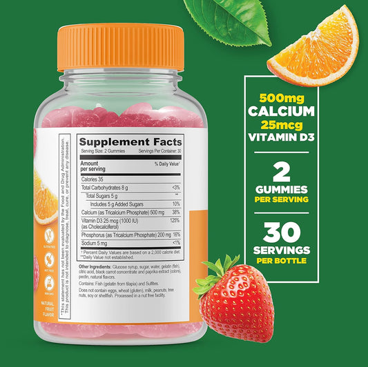 Lifeable Calcium 500 mg with Vitamin D3 1000 IU Gummies - Great Tasting Natural Flavor Vitamin Supplement - Gluten Free GMO-Free Chewable - for Bone Strength - for Adults, Man and Women - 60 Gummies