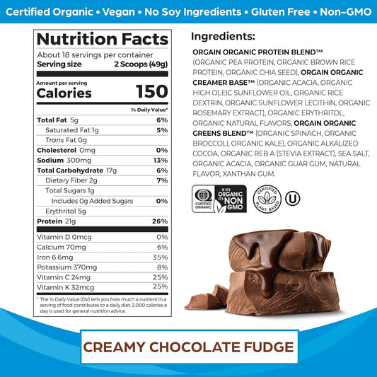 Orgain Organic Vegan Protein Powder + Greens, Creamy Chocolate Fudge - 21G Plant Based Protein, 7G Prebiotic Fiber For Gut Health, Gluten Free, No Lactose Ingredients, No Sugar Added, Non-Gmo - 1.94Lb