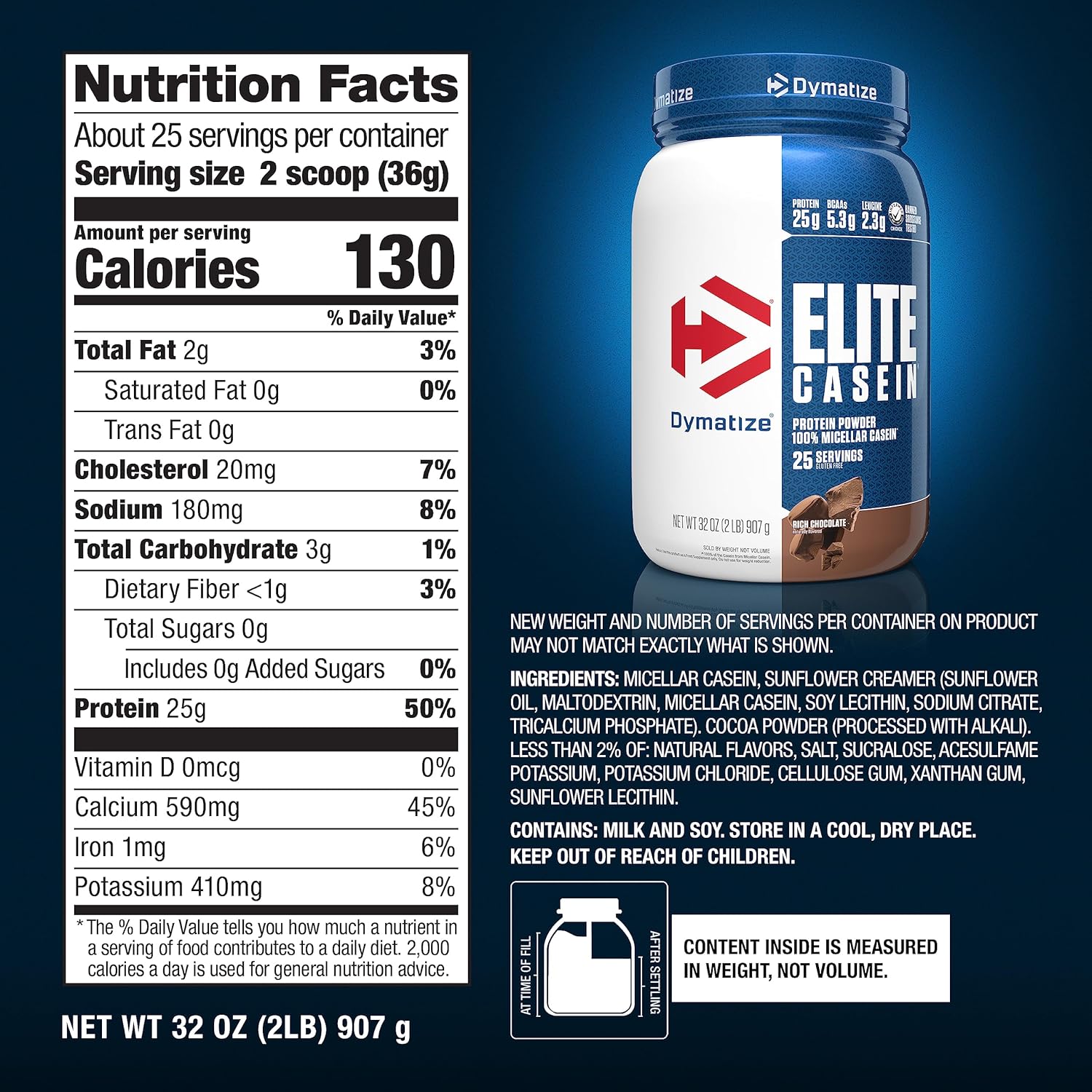 Dymatize Elite Casein Protein Powder, Slow Absorbing with Muscle Building Amino Acids, 100% Micellar Casein, 25g Protein, 5.4g BCAAs & 2.3g Leucine, Helps Overnight Recovery, Rich Chocolate, 2 Pound : Health & Household