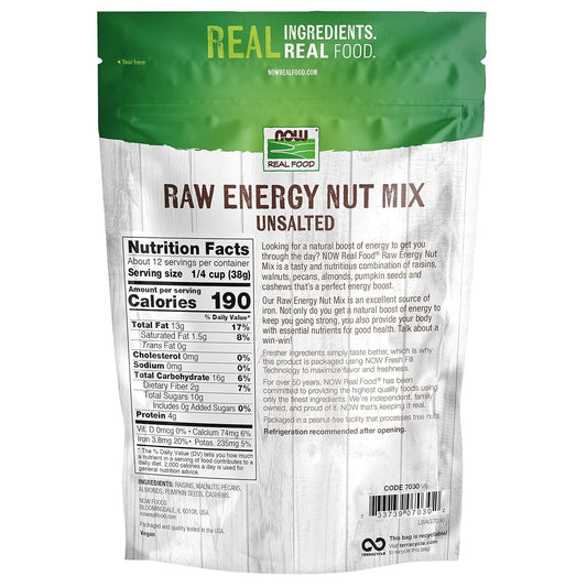 Now Foods, Raw Energy Nut Mix, Unsalted Mix Of Raisins, Walnuts, Peacans, Almonds, Pumpkin Seeds And Cashews, Great-Tasting, Source Of Iron, 16-Ounce (Packaging May Vary)