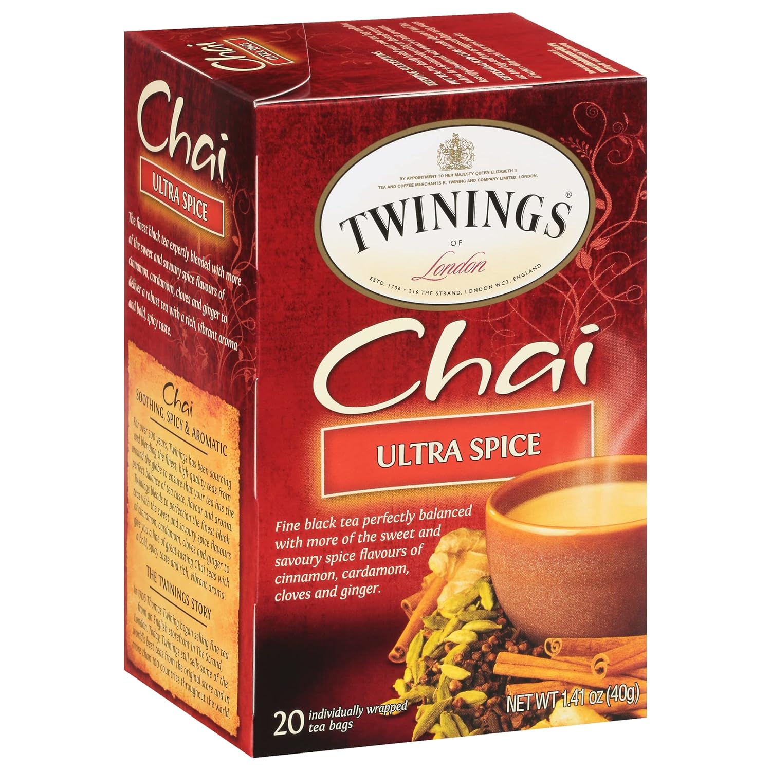 Twinings Chai Tea, Ultra Spice Chai Tea Bags With Cinnamon, Ginger, Cardamon, Clove For A Spicy Chai Tea Latte, 20 Tea Bags