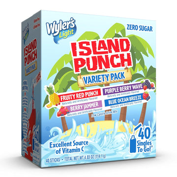 Wyler'S Light Island Punch Singles To Go, Variety Pack, Fruity Red Punch, Purple Berry Wave, Berry Jammer And Blue Ocean Breeze, 1 Box (40 Single Servings)