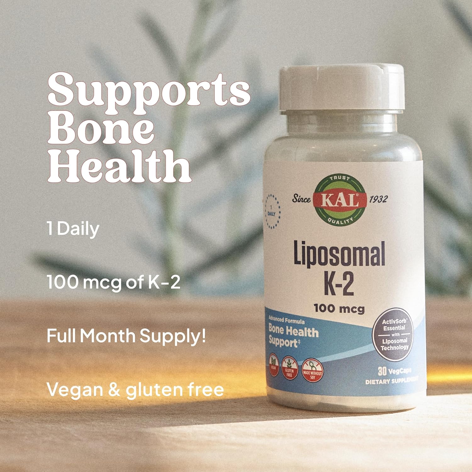 KAL Liposomal Vitamin K2 Supplement with MK7 100 mcg, High Absorption,