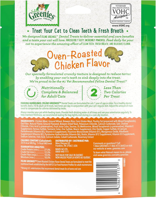 Greenies Feline Adult Natural Dental Care Cat Treats, Oven Roasted Chicken Flavor, 4.6 Oz. Pouch