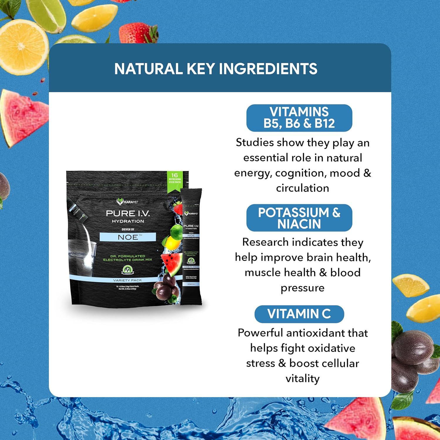 KaraMD Pure I.V. - Professionally Formulated Electrolyte 4 Flavor Variety Powder Drink Mix – Refreshing & Delicious Hydrating Packets with Vitamins & Minerals – 4 Flavor Variety - 1 Bag (16 Sticks) : Everything Else