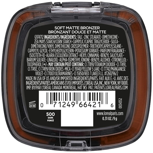 L'Oreal Paris Infallible Up To 24H Fresh Wear Soft Matte Longwear Bronzer. Waterproof, Heatproof, Transfer, Humidity And Sweatproof, Dark, 0.31 Oz