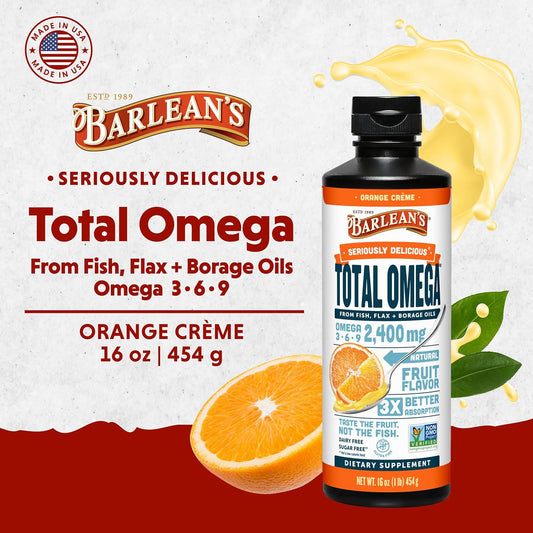 Barlean'S Total Omega 3 6 9 Liquid Fish Oil Supplement With Borage And Flaxseed Oil, Orange Crème, 2,400 Mg Of Epa, Dha And Gla Fatty Acids, 16 Oz