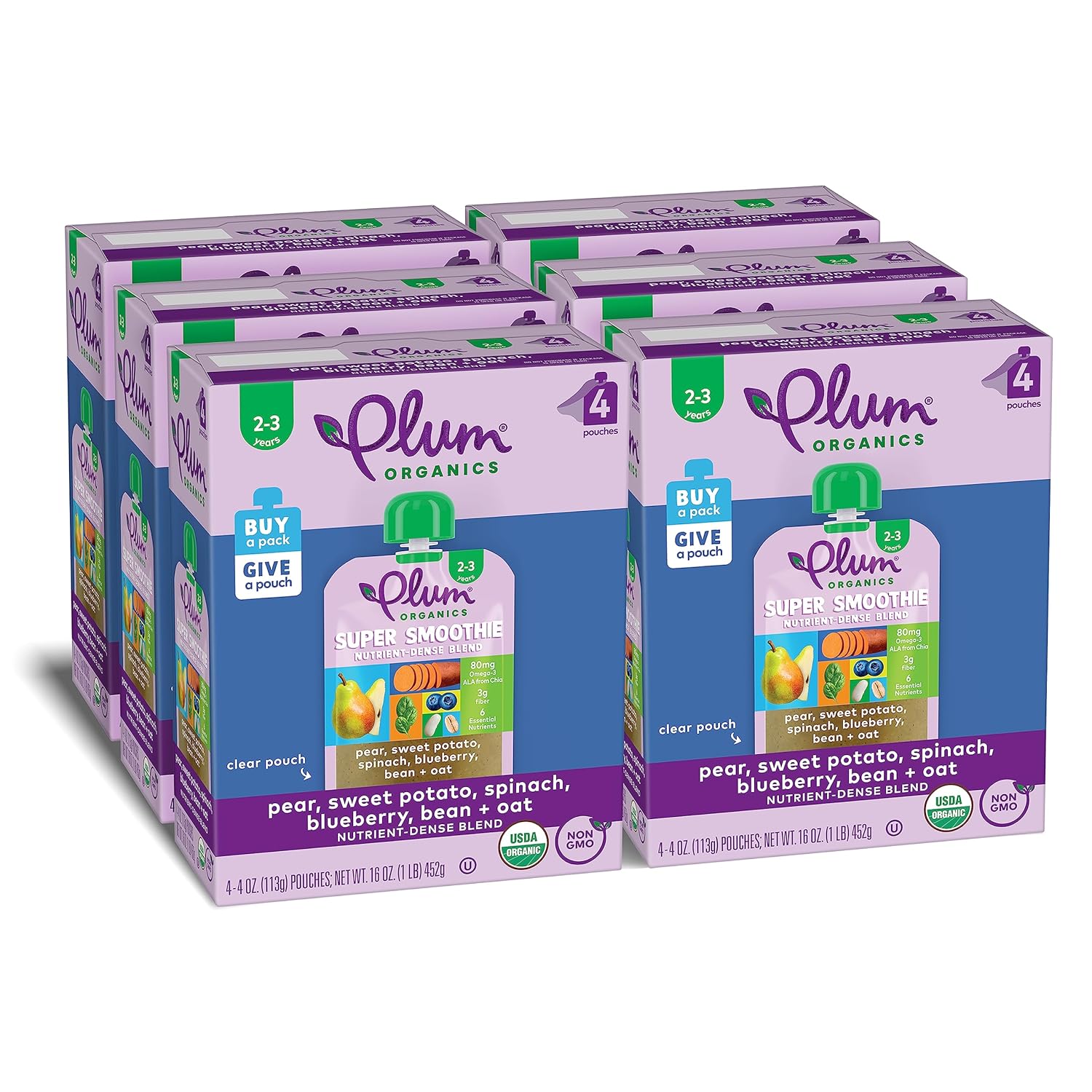 Plum Organics Super Smoothie Organic Toddler Food - Pear, Sweet Potato, Spinach, Blueberry, Bean, And Oat - 4 Oz (Pack Of 24)