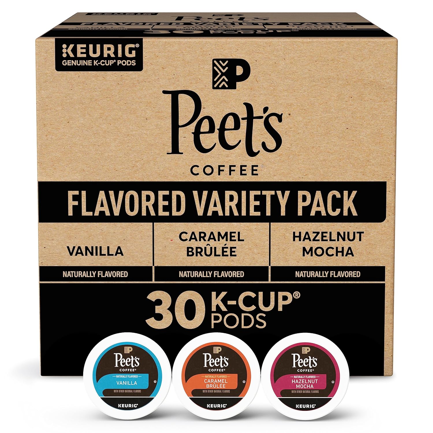 Peet's Coffee, Flavored Coffee K-Cup Pods for Keurig Brewers - Variety Pack, Vanilla Cinnamon, Hazelnut Mocha, Caramel Brûlée, 30 Count (3 Boxes of 10 K-Cup Pods)
