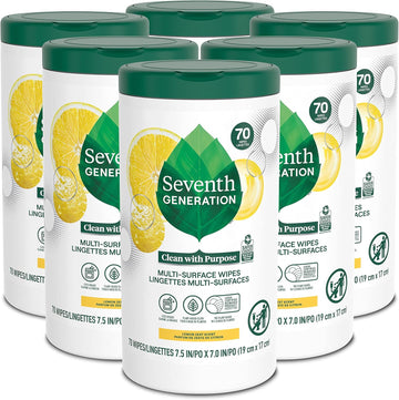 Seventh Generation Multi Surface Wipes All Purpose Cleaning Lemon Zest Scent With 100% Essential Oils And Botanical Ingredients 70 Count, Pack Of 6