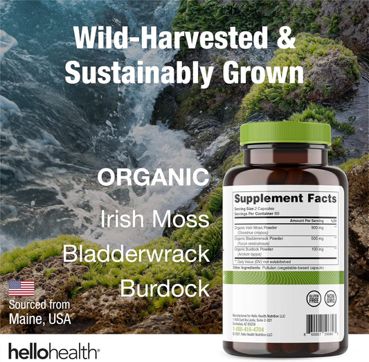 Organic Irish Sea Moss Capsules: Wildcrafted Sea Moss, Burdock Root & Bladderwrack Prebiotic Super Food For Immune Support, Thyroid Support, Natural Energy, -120 Caps
